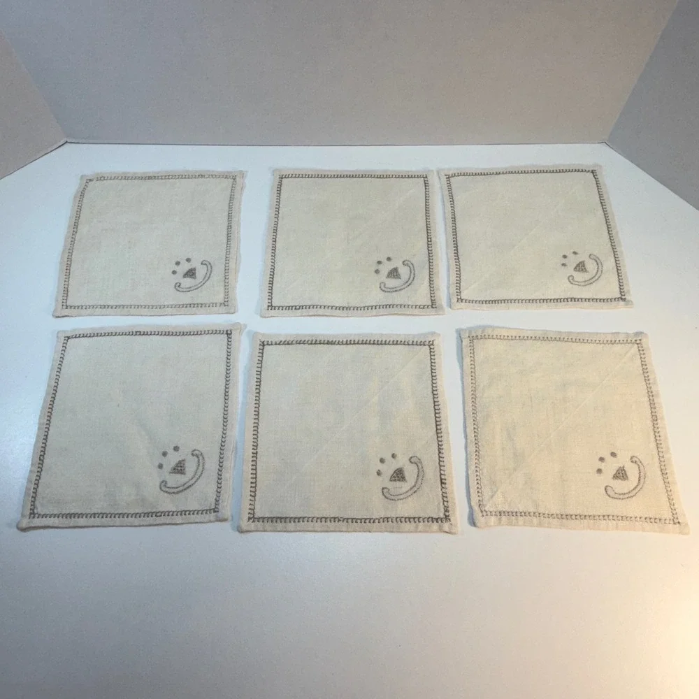 Vintage Set of 6 Linen Paw Print Embroidered Cocktail‎ Napkins Coasters Cream